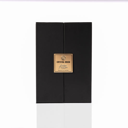 A black rectangular box with a gold label reading “Crystal Musk Eau de Parfum - Christian Provenzano” sits on a plain white background, suggesting musky amber and floral notes inside.