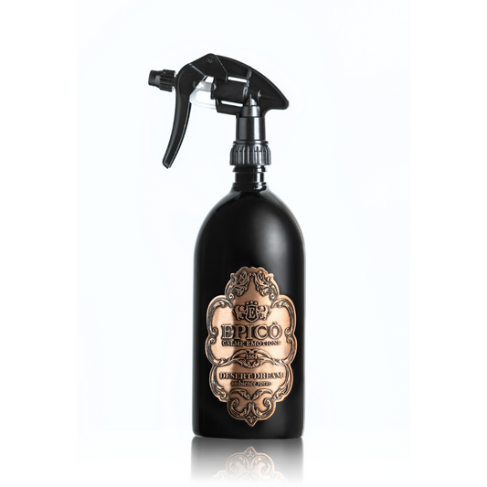 A black spray bottle labeled EPICO Desert Dream - Ambiance Spray (Epico Parfum) with a decorative oriental gold and brown vintage-style label, ambergris fragrance, is displayed on a white background.