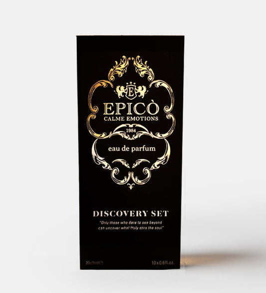 Black and gold packaging of Epico Calme Emotions eau de parfum discovery set on a white background