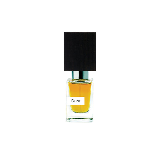 A clear glass bottle of Duro Extrait de Parfum by Fragrapedia Haus, with amber liquid and a bold black square cap, displayed on white—a striking fragrance for men.