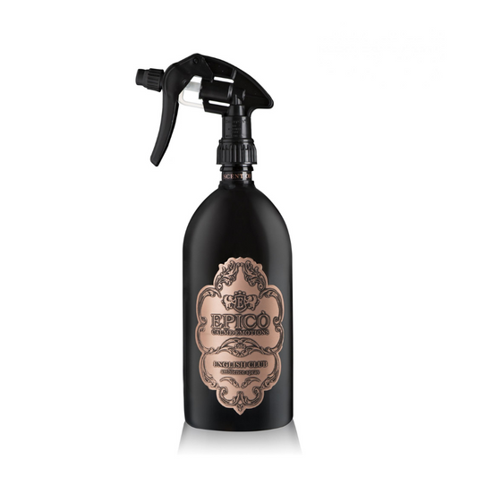 A sleek black spray bottle of EPICO's English Club - Ambiance Spray (Epico Parfum) features a gold label and trigger nozzle, offering a luxurious tobacco vanilla room scent. Shown against a white background.