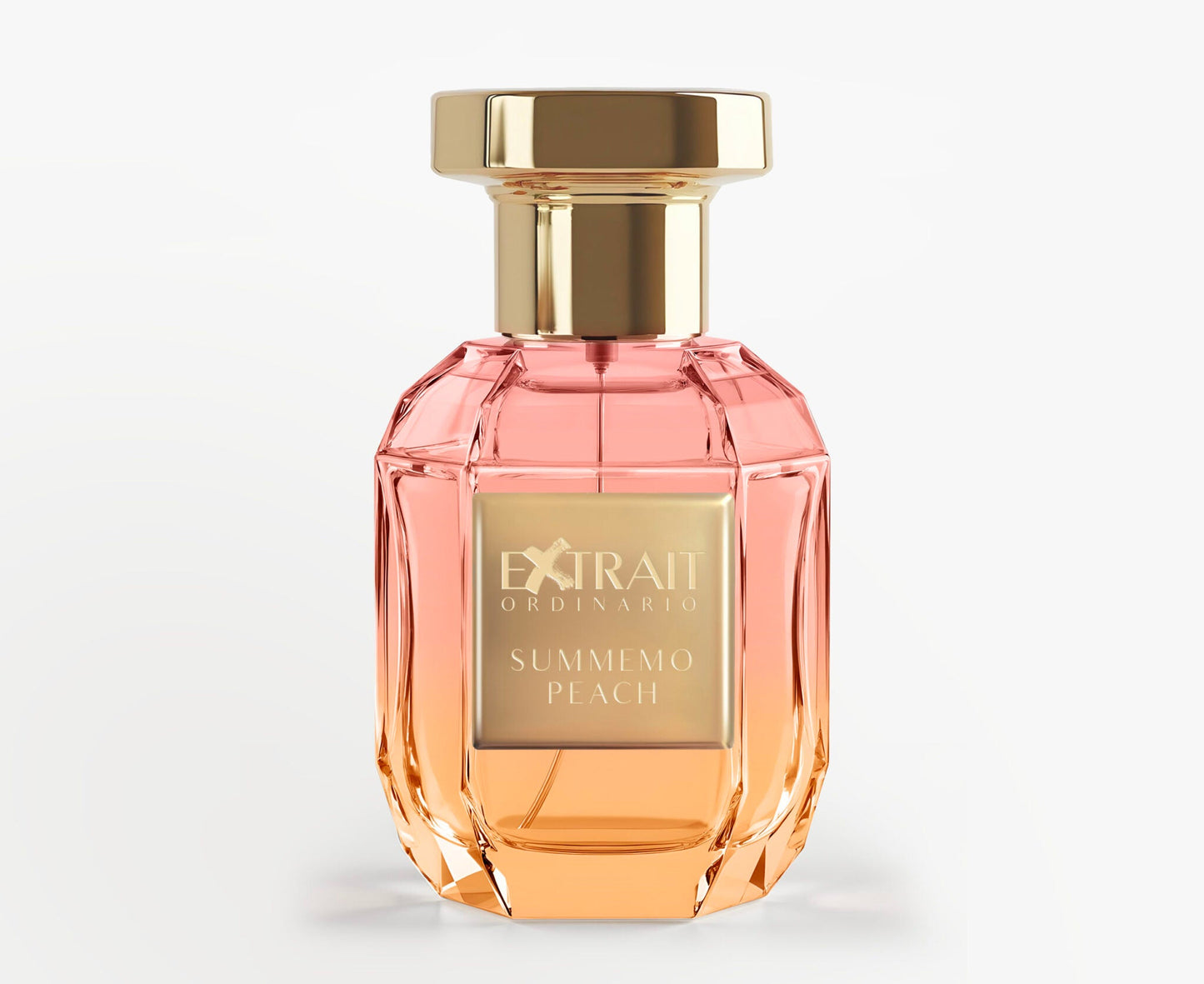 The faceted glass bottle with a gold cap holds Summemo Peach - Extrait Ordinario by Extrait Ordinario, its peach-toned fragrance captured in luxury. A gold plaque displays the name for an elegant summer touch.