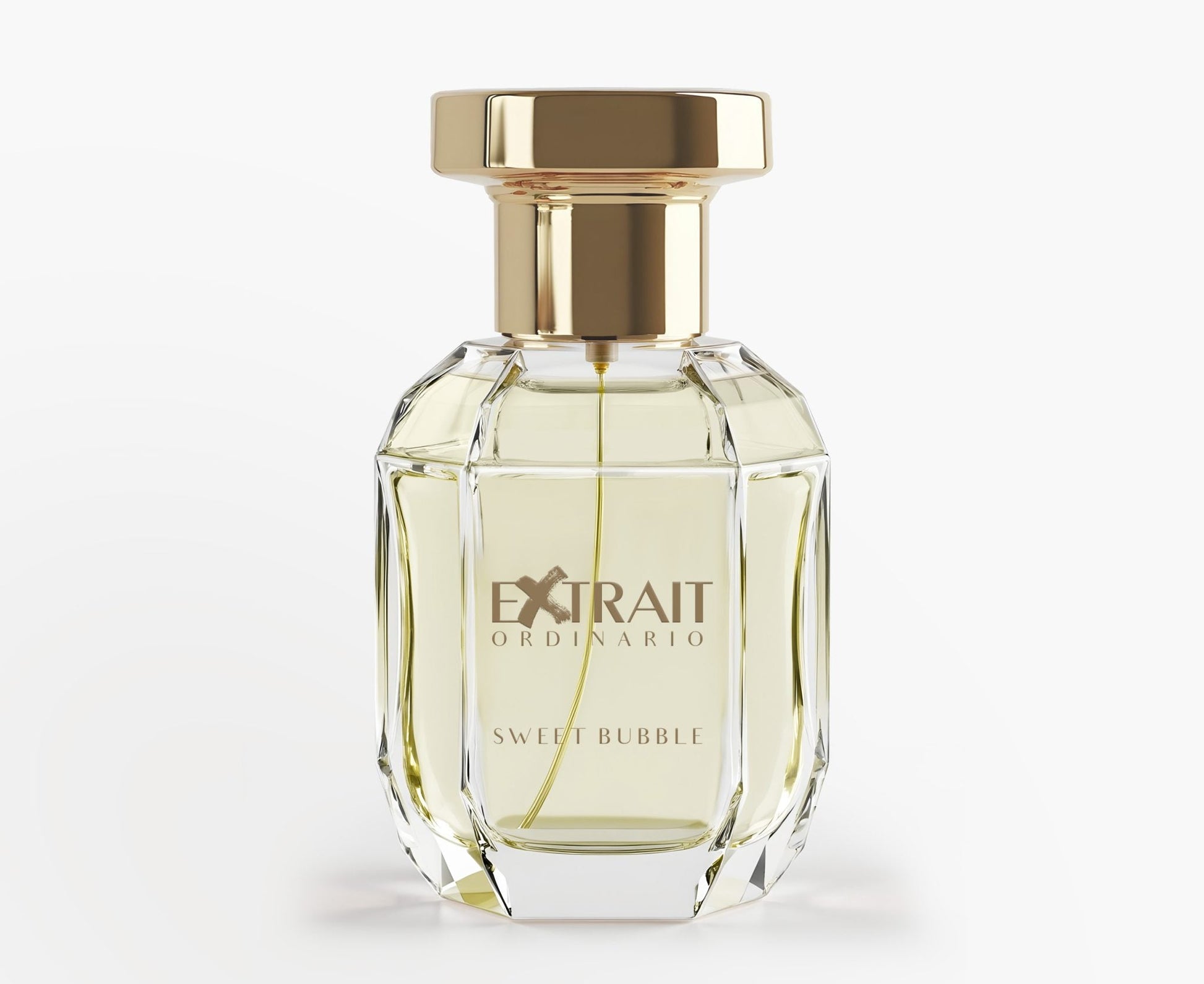 A clear, faceted glass bottle with a gold cap and 'Extrait Ordinario Sweet Bubble' label holds pale yellow Sweet Bubble - Extrait Ordinario perfume, a playful fruity floral scent from Extrait Ordinario, shown on a plain white background.