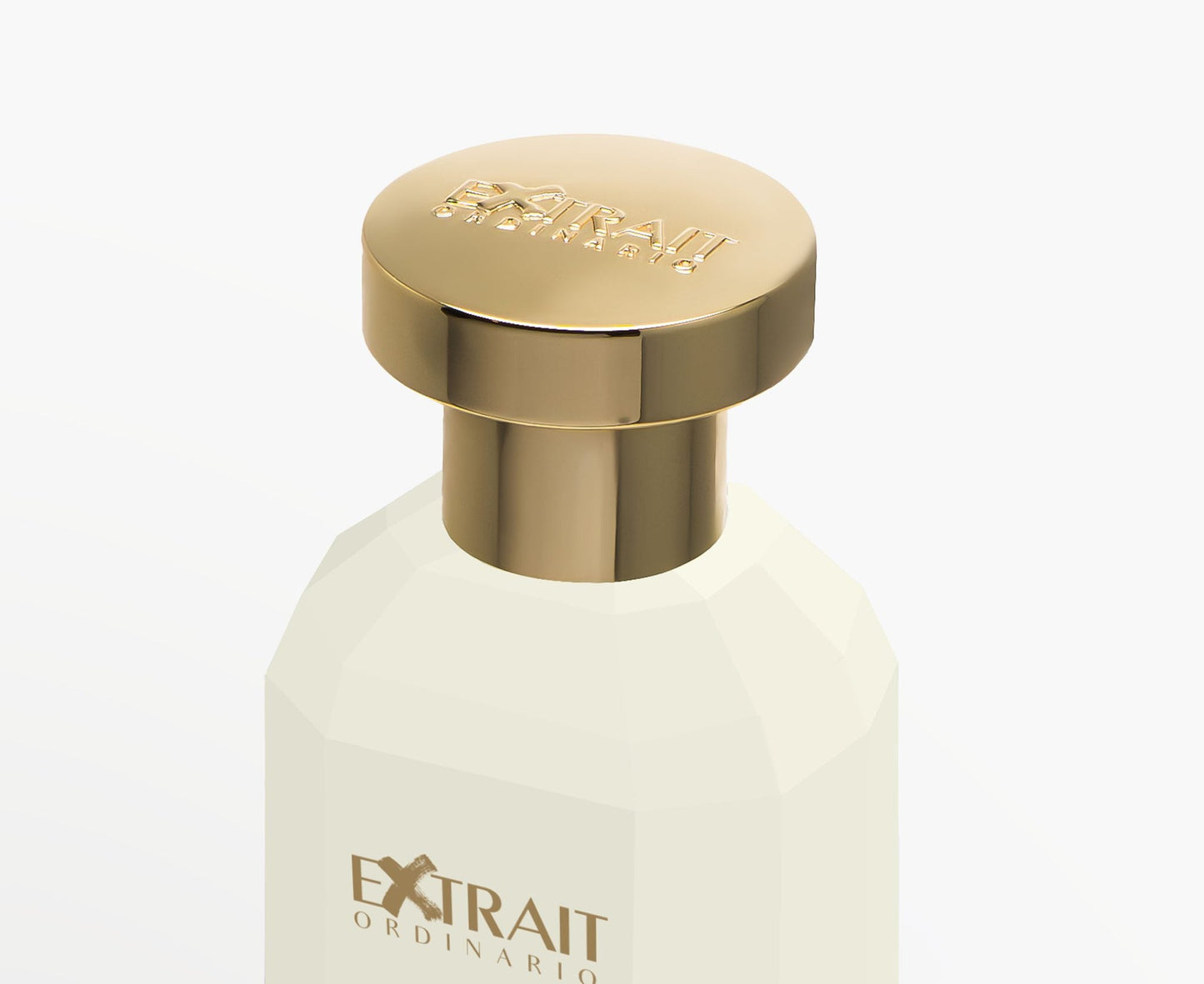 A close-up of Vanilla Superstar by Extrait Ordinario, a white bottle with a shiny gold cap and gold "EXTRAIT ORDINARIO" label. Set against a plain white background, this sweet gourmand perfume stands out for its elegance.