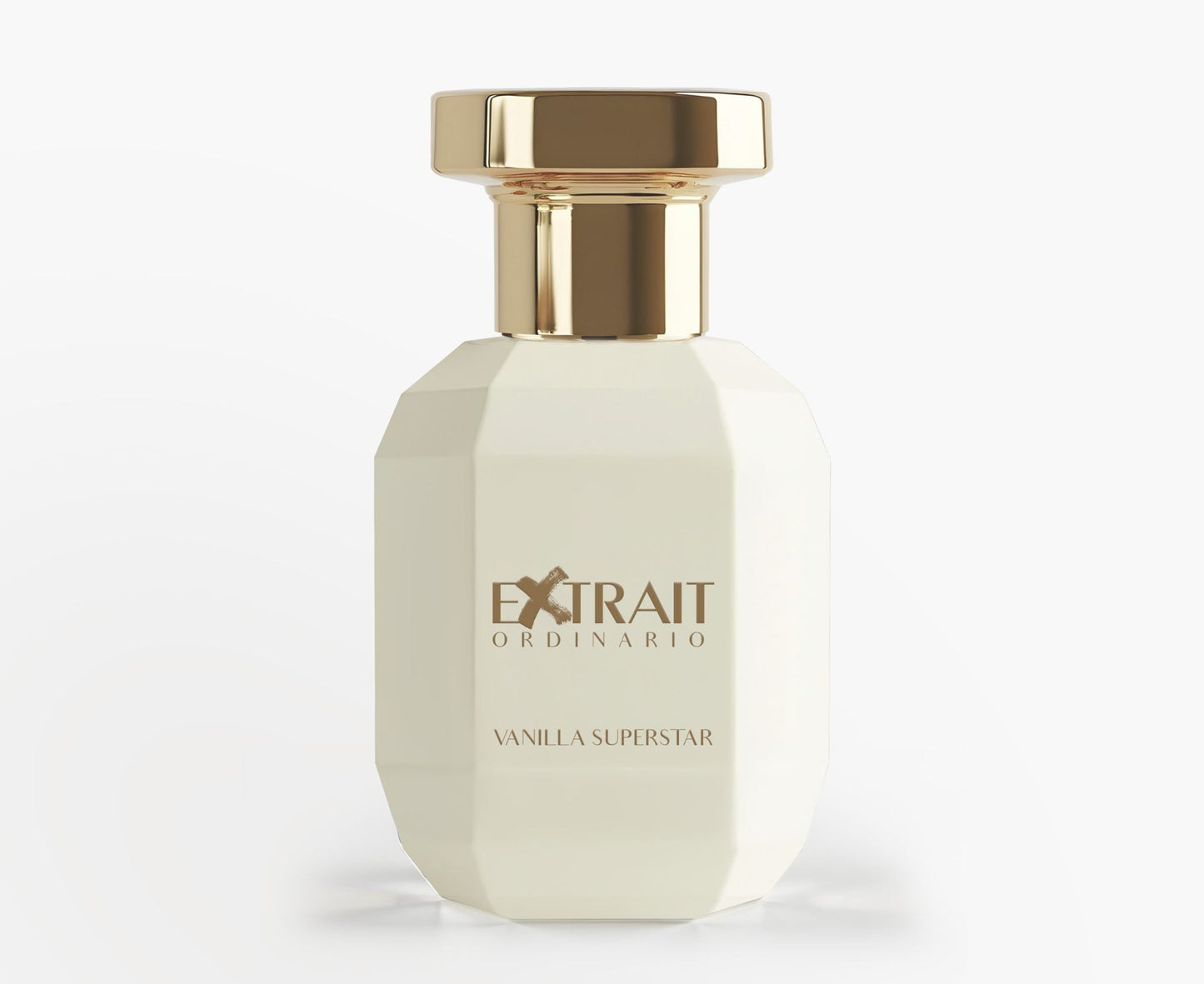 A white, faceted perfume bottle with a gold cap and gold lettering reading "Vanilla Superstar - Extrait Ordinario" by Extrait Ordinario. Ideal for fans of sweet, gourmand scents, shown on a plain white background.