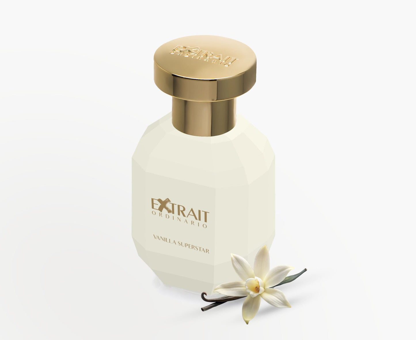 A white and gold Extrait Ordinario bottle labeled "Vanilla Superstar - Extrait Ordinario" stands upright beside a vanilla flower and bean, evoking the sweet, gourmand scent of this fragrance against a pristine white background.