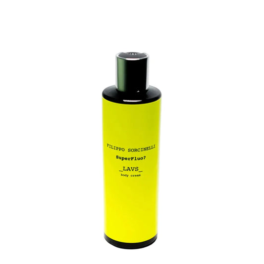 A tall, cylindrical bottle with a black cap and bright yellow label showcases Filippo Sorcinelli SUPERFLUO LAVS BODY CREAM, emphasizing its rich emulsion for ultimate skin hydration.