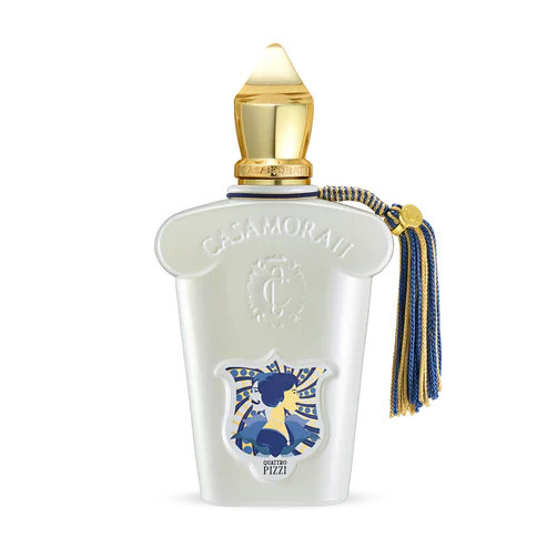 A luxurious Quattro Pizzi Eau de Parfum by Fragrapedia Haus features a white bottle with gold cap, embossed logo, blue and gold tassel, plus an artistic blue and yellow label—an irresistible scent inspired by Sicilian traditions.
