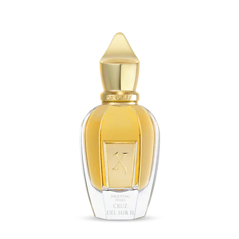 A clear glass Fragrapedia Haus Cruz del Sur II Eau de Parfum bottle with golden-yellow liquid, gold cap, and a gold X label sits against a white background. Inspired by the Amazon rainforest.