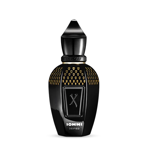 A black Tony Iommi Eau de Parfum - Xerjoff bottle by Fragrapedia Haus features gold accents, a pointed cap, “10M11 DEIFIED” at the base, and an embossed X on the front, inspired by Tony Iommi Deified.