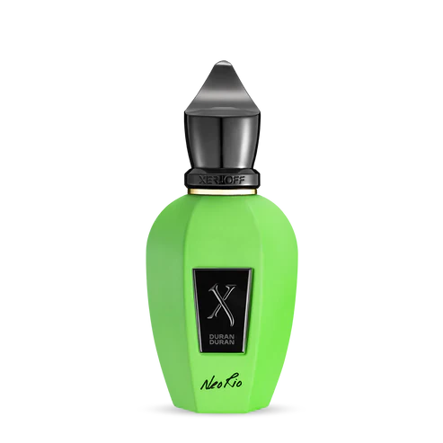 A neon green NeoRio Fluo Green Eau de Parfum bottle by Fragrapedia Haus features a black, pointed cap and black label with Xerjoff X Duran Duran and Nio Rio in white text.