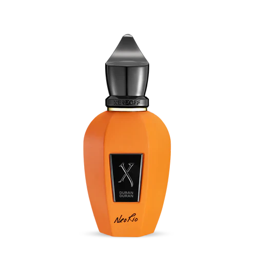 A vibrant NeoRio Fluo Orange Eau de Parfum bottle by Fragrapedia Haus features a faceted orange design, black "Xerjoff" label, "NeoRio" at the base, and is topped with a glossy angular black cap.