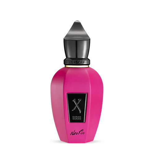 A NeoRio Fluo Pink Eau de Parfum by Fragrapedia Haus, featuring a pink bottle with black pointed cap, black label with silver X and Duran Duran text, plus Alex Rio script near the base.