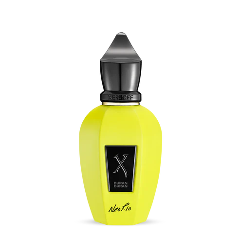 A bright yellow NeoRio Fluo Yellow Eau de Parfum bottle by Fragrapedia Haus, with a black cap and Xerjoff label, set against a plain white background.