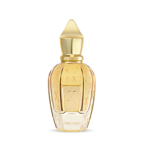 A luxurious gold and clear glass perfume bottle by Fragrapedia Haus, with "STARLIGHT," X motifs, and a pointed gold cap, holds the warm Starlight Eau de Parfum by Xerjoff.