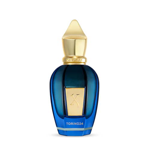 A blue glass perfume bottle with a gold cap and "TORINO24" label—Torino 24 Eau de Parfum by Fragrapedia Haus for Xerjoff, inspired by the Nitto ATP Finals, is showcased against a plain light background.