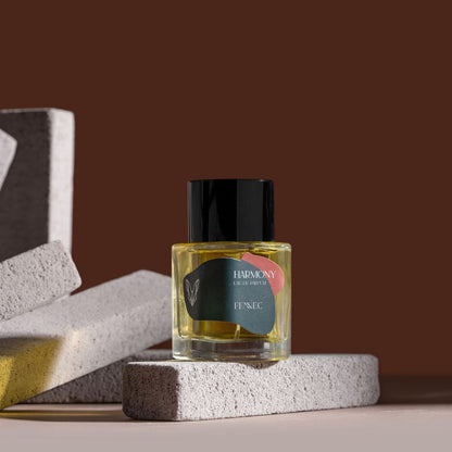 A bottle of Harmony Parfum by Fennec, featuring a black cap, rests on a light gray textured block evoking North African sands, with matching blocks around it and a brown backdrop.