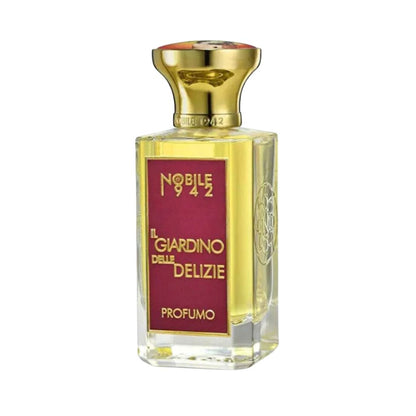 A bottle of IL GIARDINO DELLE DELIZIE Eau de Parfum by Nobile 1942, featuring a gold cap and red-gold label, inspired by The Garden of Earthly Delights, displayed against a white background.