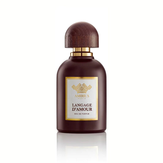 A maroon LANGUAGE D'AMOUR Eau de Parfum by AMIRIUS PARIS, with a rounded wooden cap and gold label, sits on a white background, evoking sentimental love with its delicate lily of the valley scent.