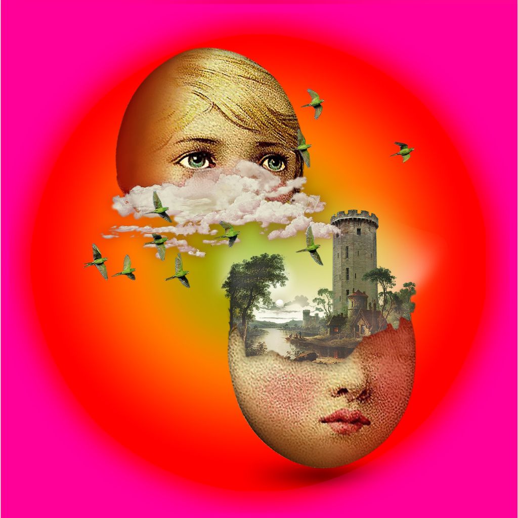 The LA STANZA DELLE BAMBOLE Eau de Parfum by Nobile 1942 features a surreal split head with eyes and clouds above, mouth and trees below, plus puppets, dolls, and birds set against a vivid red-orange backdrop.