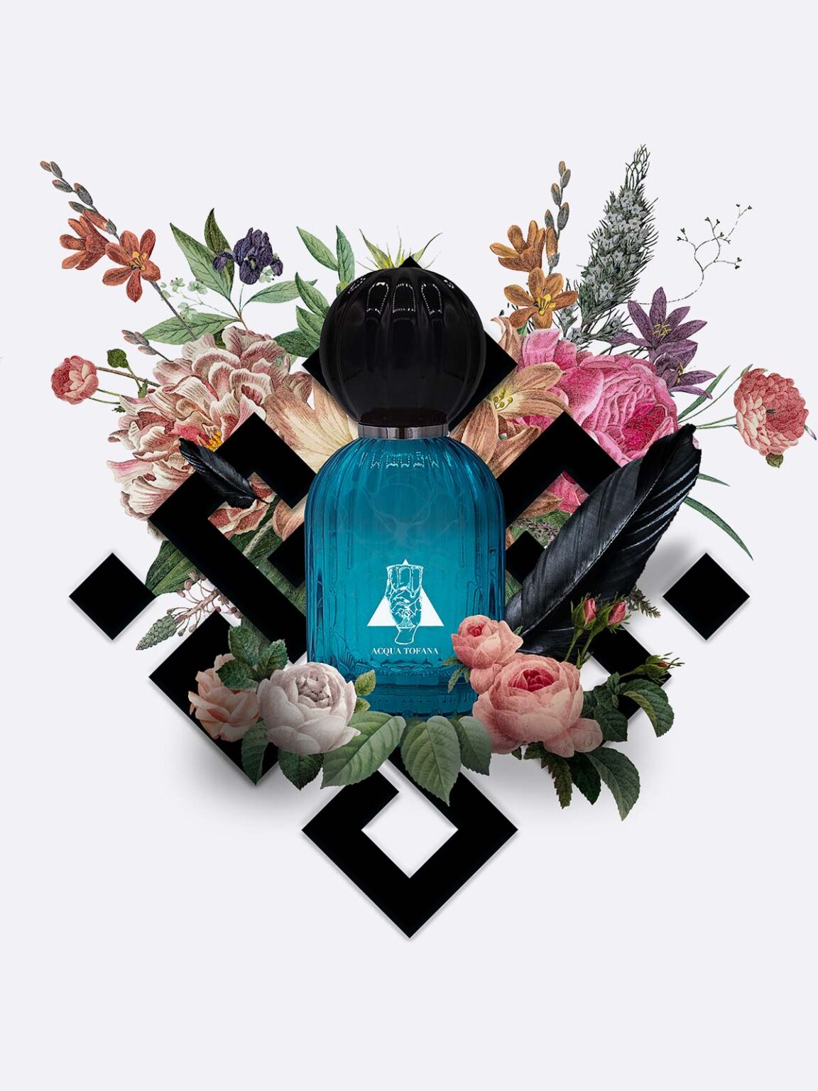 The Acqua Tofana - Les Folies du Parfum bottle by Les Folies du Parfum, in blue with a black cap, sits among vibrant flowers and a feather against a geometric background, evoking an air of seduction.