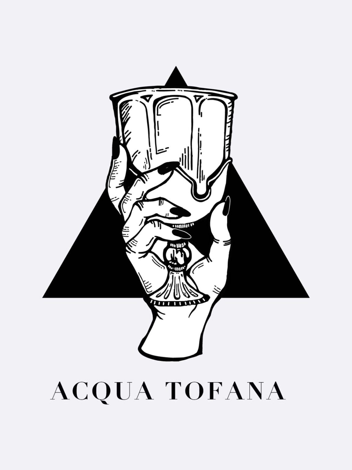 Black and white drawing of a hand with long nails holding a goblet before a black triangle. Below is “Acqua Tofana - Les Folies du Parfum”—a tribute to the alluring fragrance by Les Folies du Parfum.