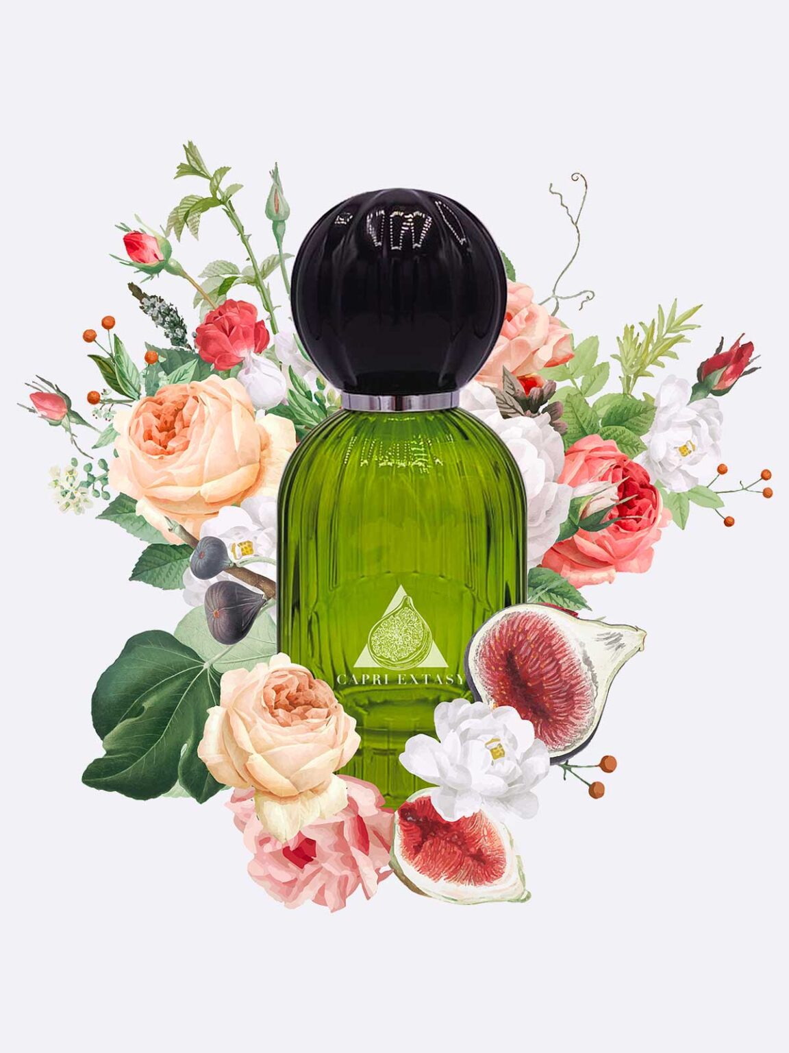 A green Capri Extasy - Les Folies du Parfum bottle with a black cap is displayed among roses, figs, and leaves, highlighting its lush and decorative floral arrangement.