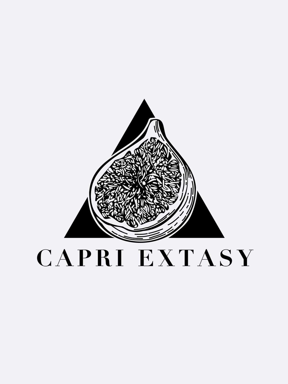Black and white logo with a detailed fig half before a solid black triangle, "Capri Extasy - Les Folies du Parfum" in bold capitals below, reflecting the elegance of Capri Extasy by Les Folies du Parfum.