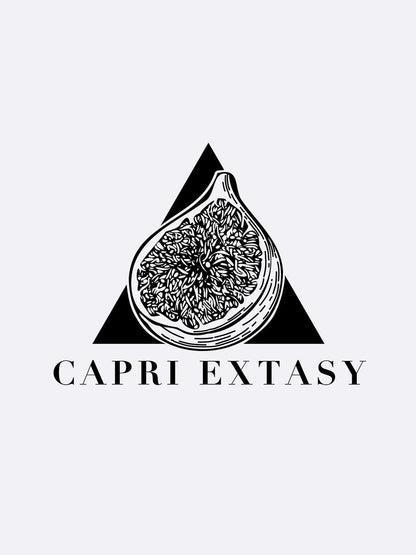 Black and white logo with a detailed fig half before a solid black triangle, "Capri Extasy - Les Folies du Parfum" in bold capitals below, reflecting the elegance of Capri Extasy by Les Folies du Parfum.