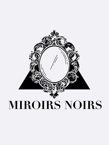 An ornate, vintage-style mirror with floral motifs centers over a black triangle, evoking Countess Virginia Oldoini’s elegance. Below, “Miroirs Noirs - Les Folies du Parfum” by Les Folies du Parfum stands out on a light gray background.