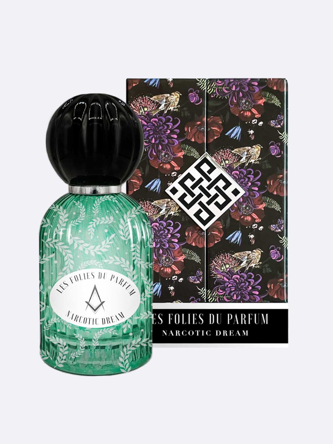 A green glass Narcotic Dream - Les Folies du Parfum bottle by Les Folies du Parfum is displayed before a matching floral box, highlighting its hypnotic fig and licorice scent and bold geometric logo.
