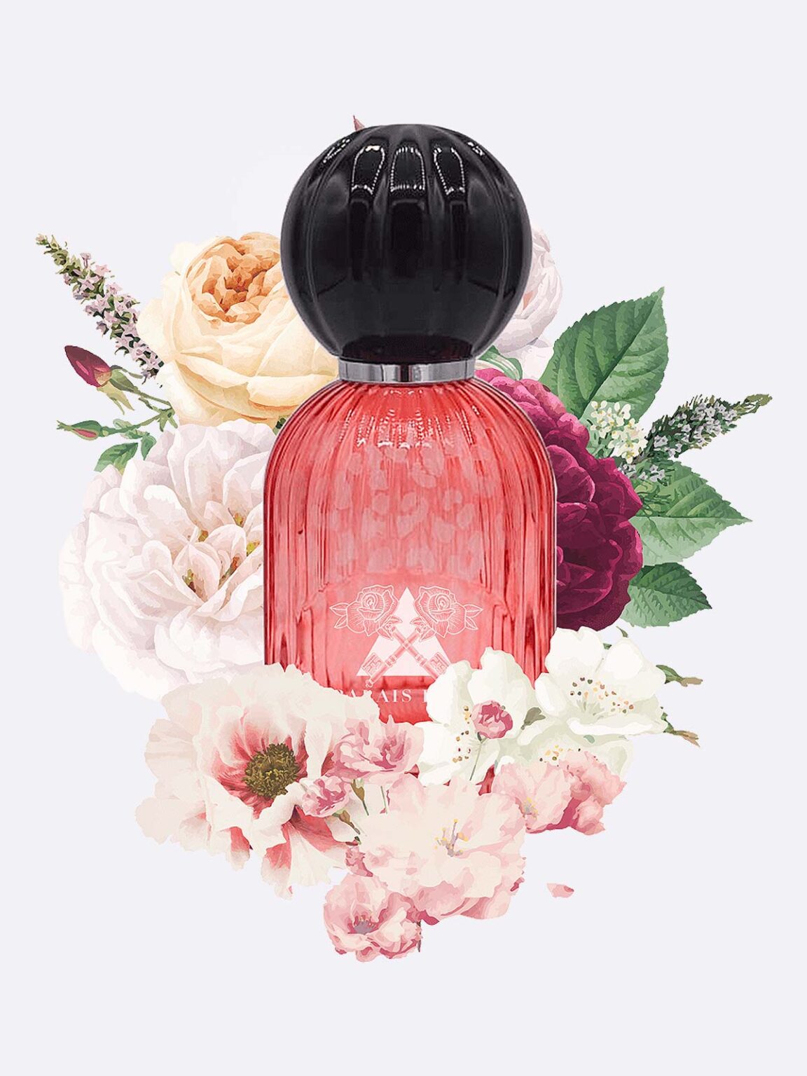 A pink glass perfume bottle with a black cap, Les Folies du Parfum's Palais Rose, is surrounded by colorful flowers like roses and peonies on a light background.