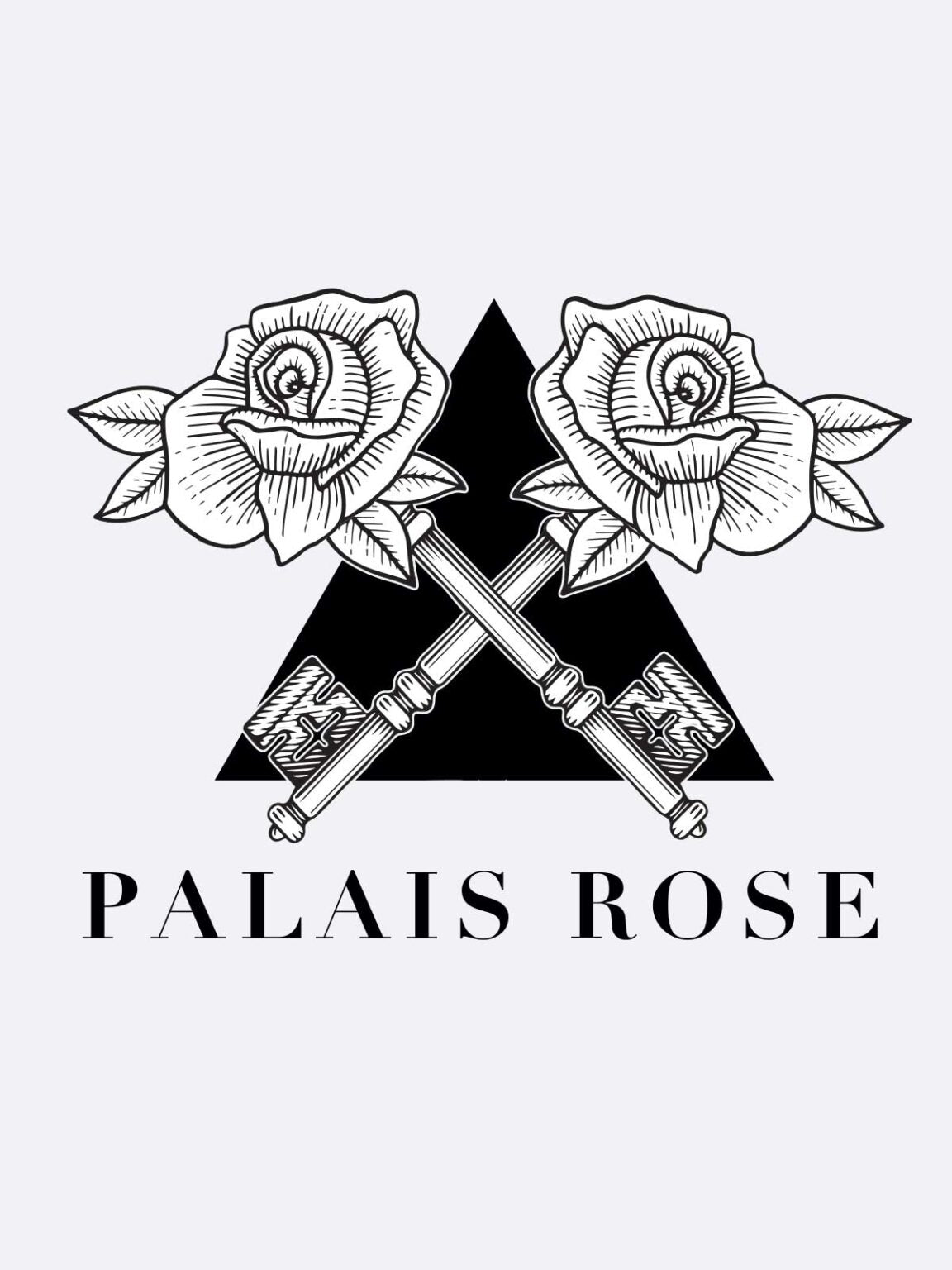 Two detailed roses cross stems above two ornate keys before a solid black triangle. Below, "Palais Rose - Les Folies du Parfum" is boldly inscribed, capturing the elegance of the Les Folies du Parfum brand and its timeless allure.