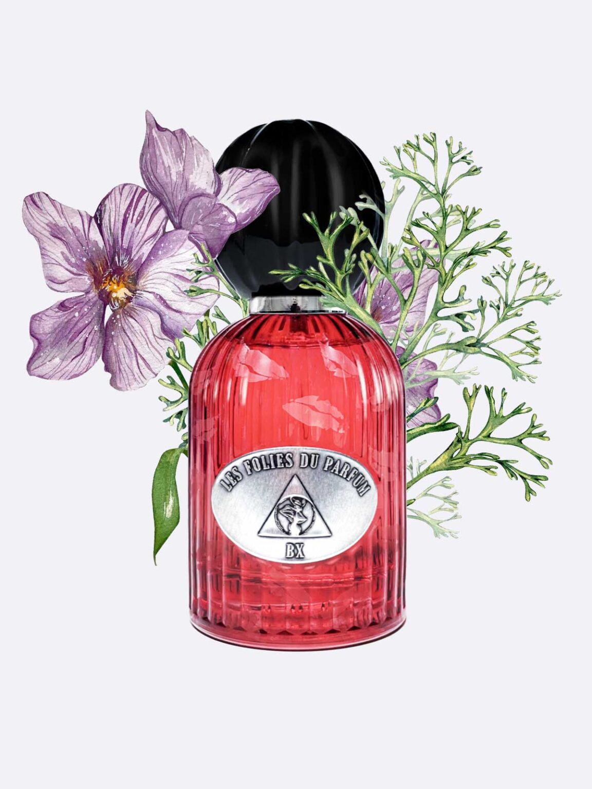 A red glass perfume bottle by Les Folies du Parfum, labeled BX - Les Folies du Parfum with a black cap, evokes sensuality as it rests among illustrated purple flowers and green foliage on a light background.