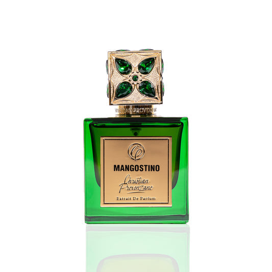A green glass bottle of Mangostino Eau de Parfum by Christian Provenzano, featuring a gold cap with green gemstones, showcases this elegant unisex Oriental Woody fragrance against a white background.