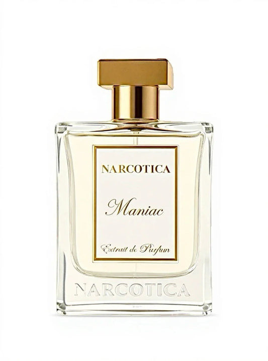 Perfume bottle labeled 'Narcotica Maniac' on a white background