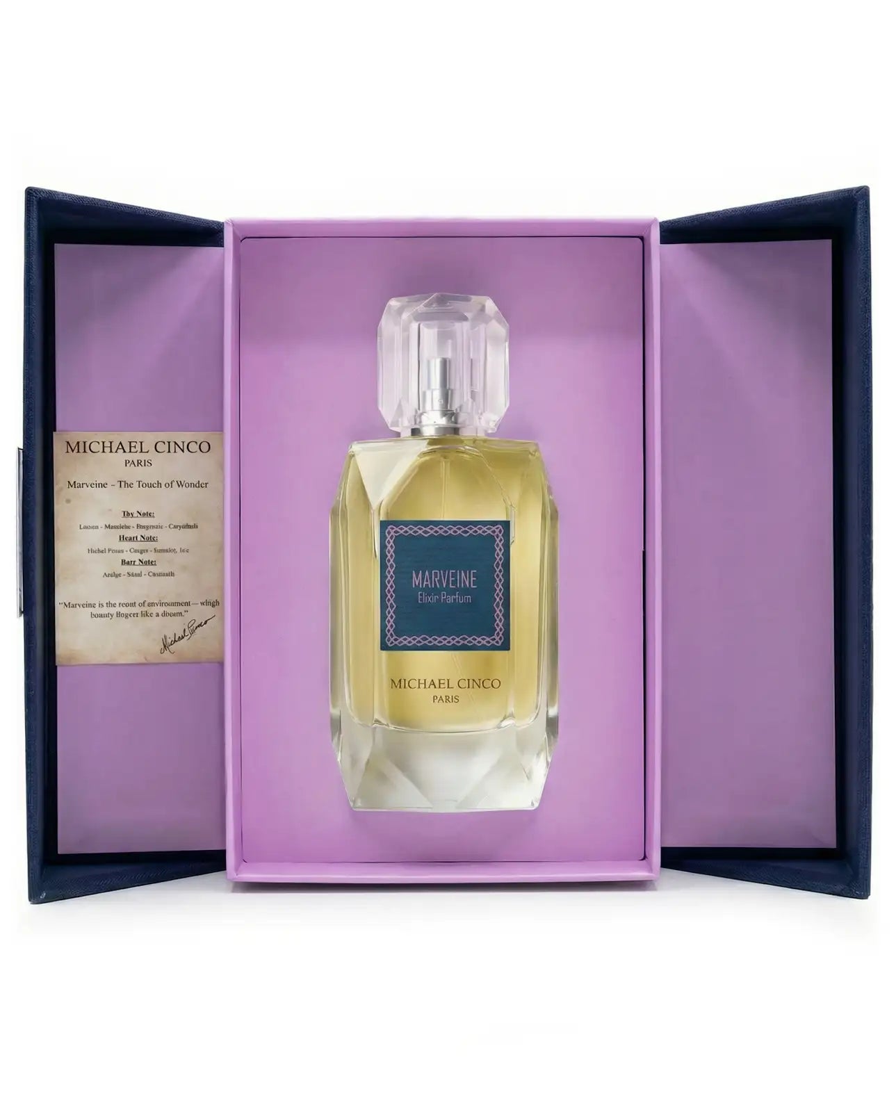 Michael Cinco Marveine Eau de Parfum bottle displayed inside its open lavender presentation box with a dark navy outer frame and an insert card.