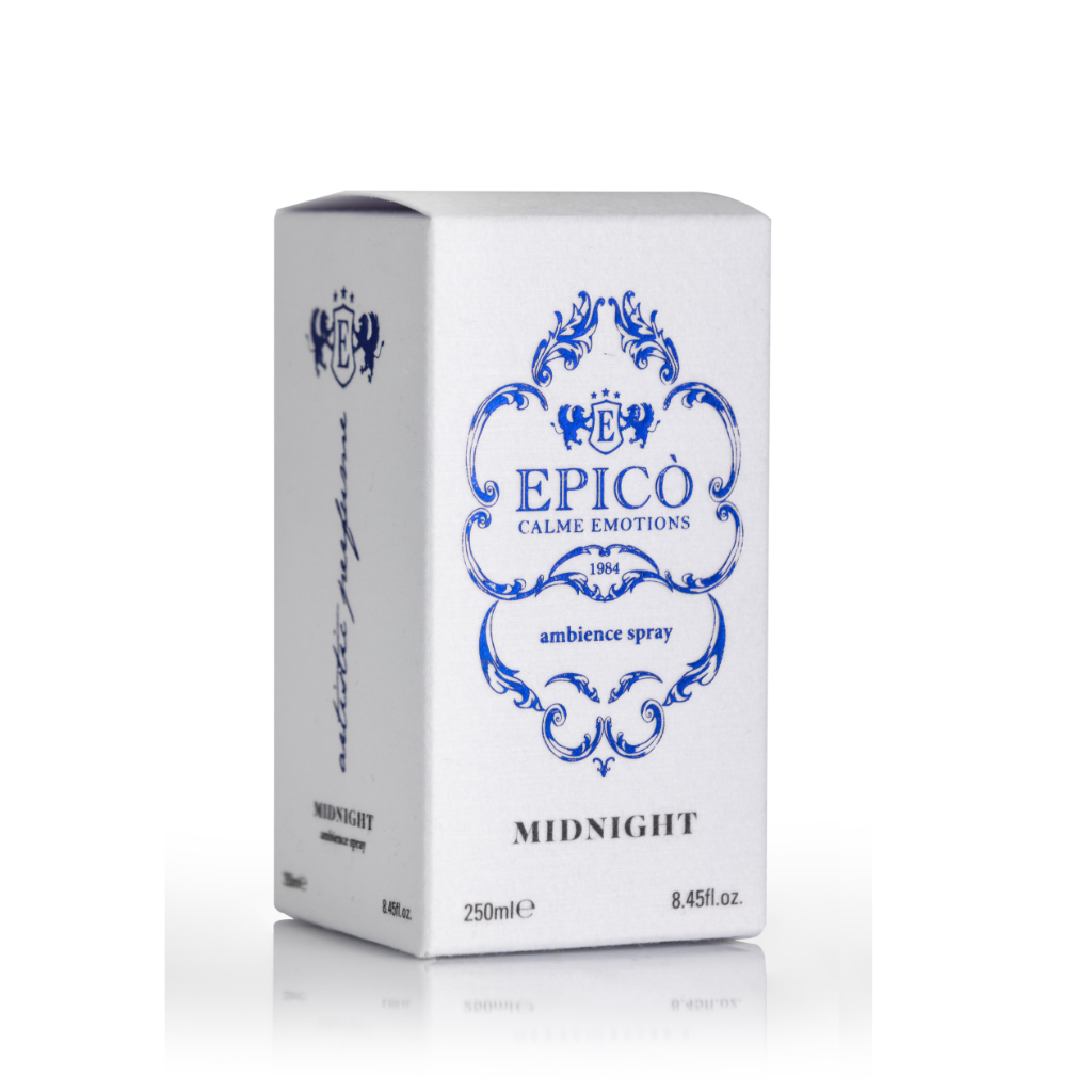 A white box of EPICO Midnight - Ambiance Spray by Epico Parfum, featuring blue decorative text, holds 250 ml (8.45 fl. oz.) of fabric and room spray.