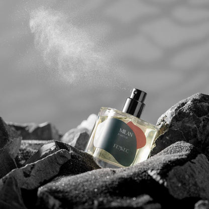 Milan Parfum by Fennec rests among dark rocks, a fine mist wafting from its nozzle. The arrangement hints at the desert fox’s mysterious elegance, while a softly blurred backdrop conveys an air of serenity.
