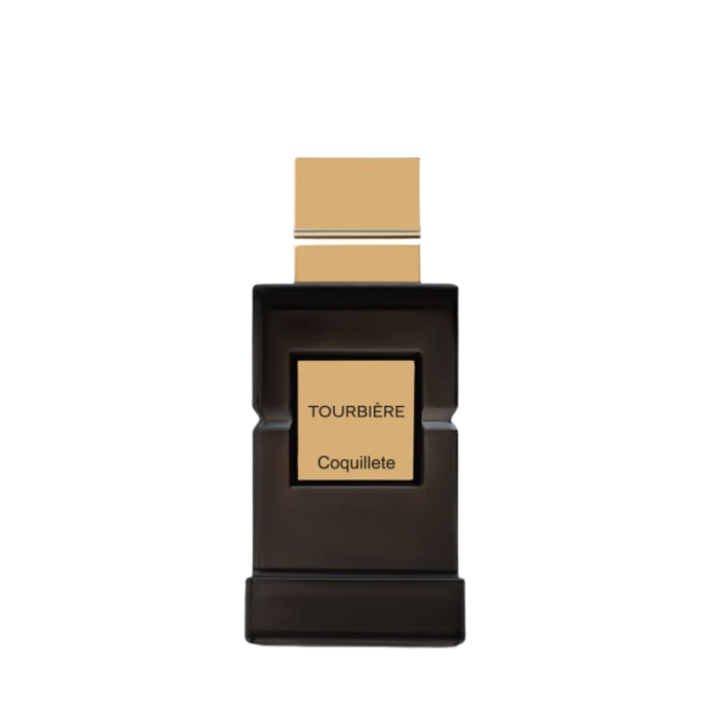 A rectangular black bottle with a gold cap and label reading TOURBIERE Eau de Parfum - Coquillete Parfum by Coquillete, featured on a white background, suggests Cuban rum-inspired fragrance notes.