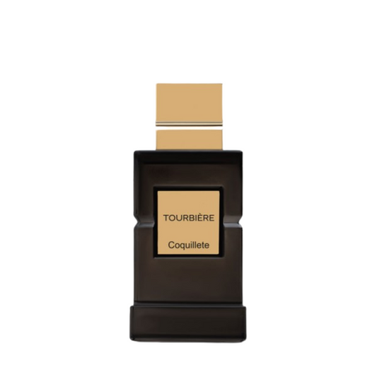 A rectangular black bottle with a gold cap and label reading TOURBIERE Eau de Parfum - Coquillete Parfum by Coquillete, featured on a white background, suggests Cuban rum-inspired fragrance notes.