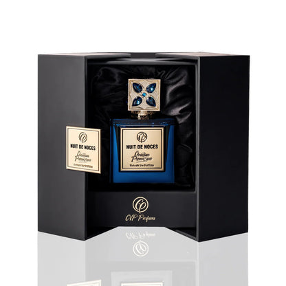 Nuit De Noces Extrait De Parfum by Christian Provenzano Blue perfume bottle with gold and blue accents in a black box on a white background