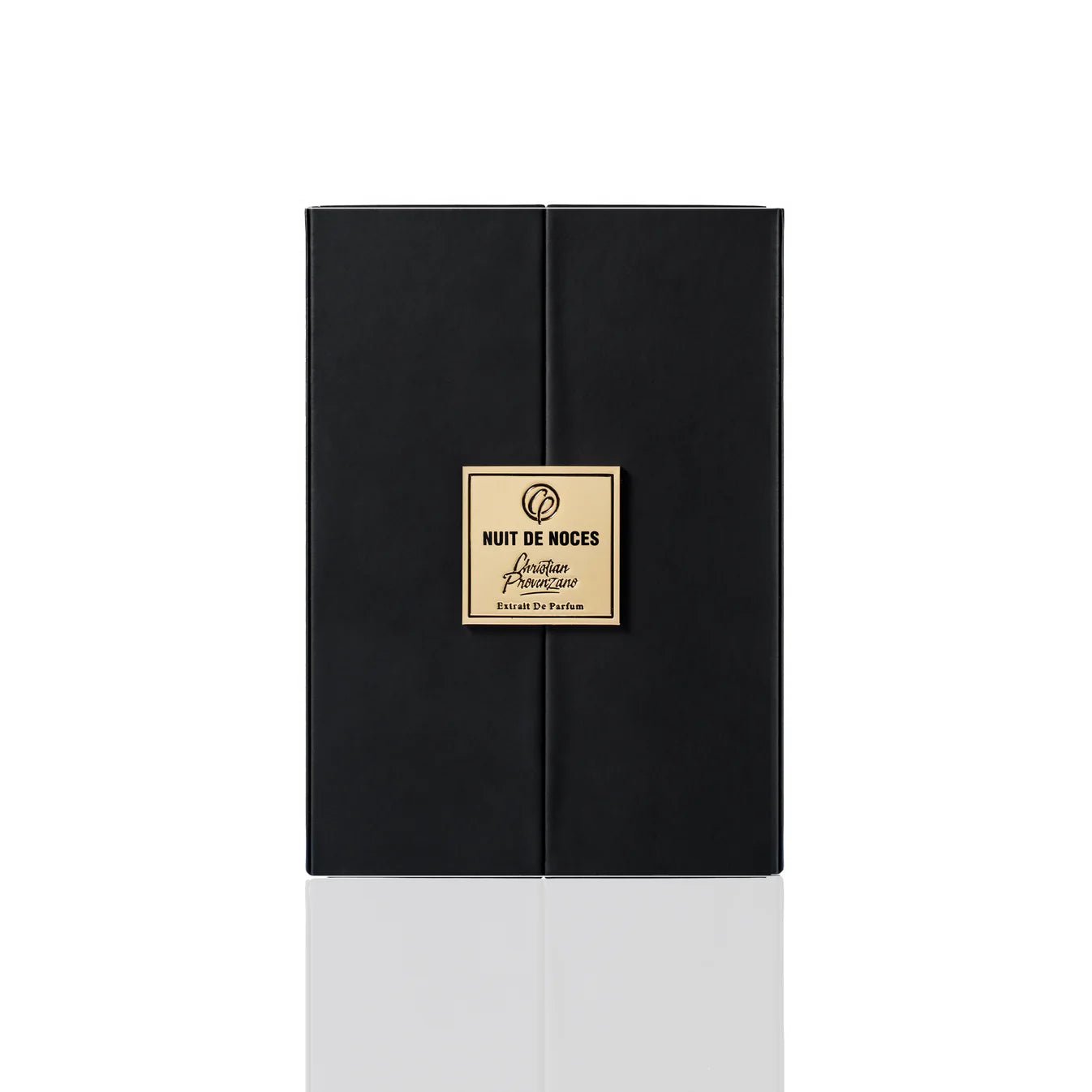 Nuit De Noces Extrait De Parfum by Christian Provenzano Black perfume box with a gold label on a white background 