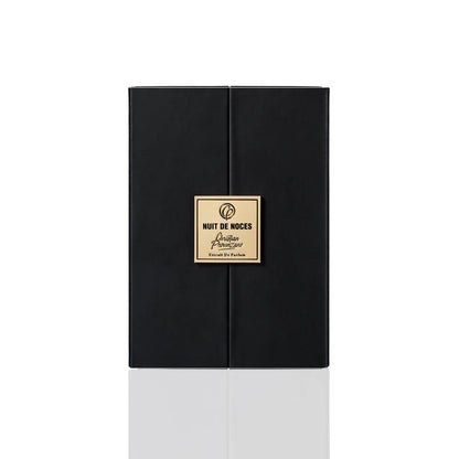 Nuit De Noces Extrait De Parfum by Christian Provenzano Black perfume box with a gold label on a white background 