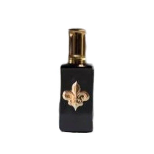A black MIOBOR Eau de Parfum bottle by Prudence Perfumes, designed for men with an Amber Fougere scent, features a gold cap and fleur-de-lis emblem on the front, shown against a white background.