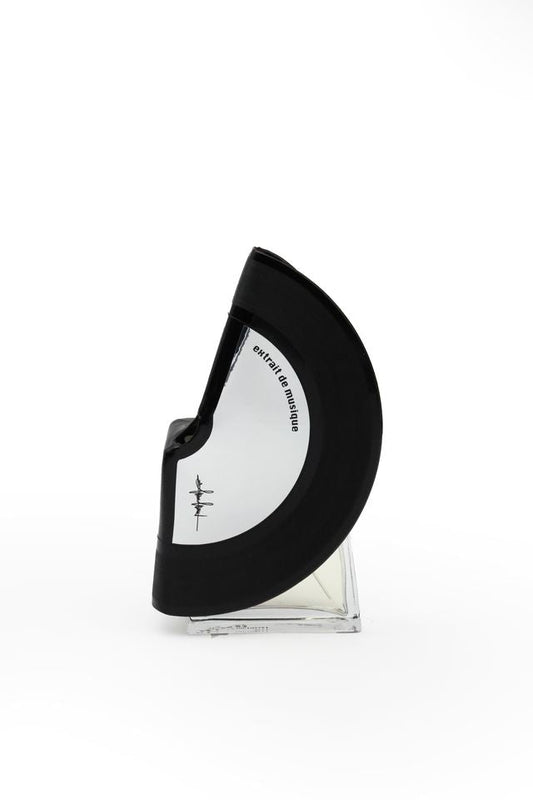 'Filippo Sorcinelli Organ series'Black and clear perfume bottle with label on a white background