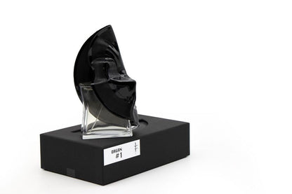 'Filippo Sorcinelli Organ #1'Black and clear sculpture on a black base with a white label against a white background
