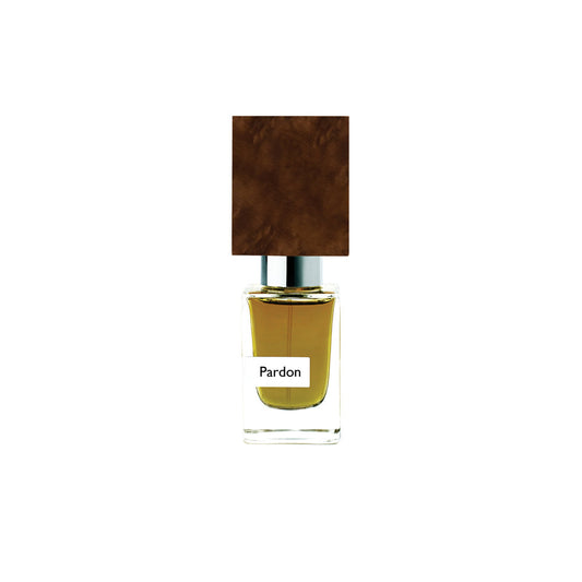 A clear glass perfume bottle with a brown rectangular cap and light yellow liquid labeled "Pardon Extrait de Parfum - Nasomatto" by Fragrapedia Haus sits against a plain white background, evoking refined masculine elegance.
