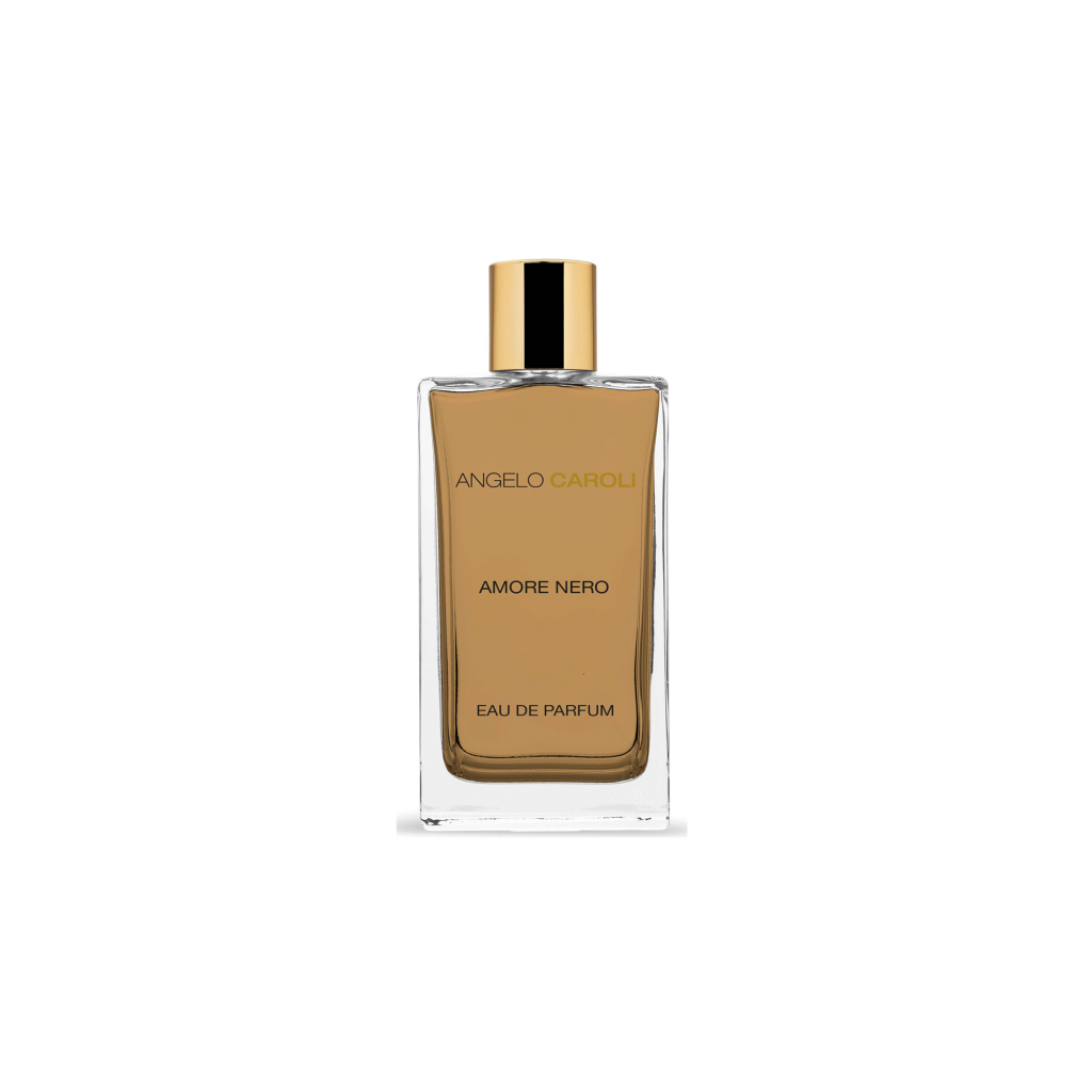 A rectangular glass ANGEOLO CAROLI Amore Nero Eau de Parfum bottle with gold cap, filled with amber liquid, showcases its unisex amber fragrance against a plain white background.