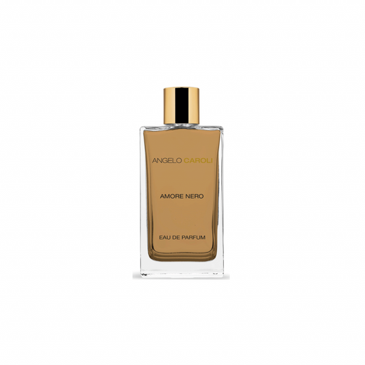 A rectangular glass ANGEOLO CAROLI Amore Nero Eau de Parfum bottle with gold cap, filled with amber liquid, showcases its unisex amber fragrance against a plain white background.